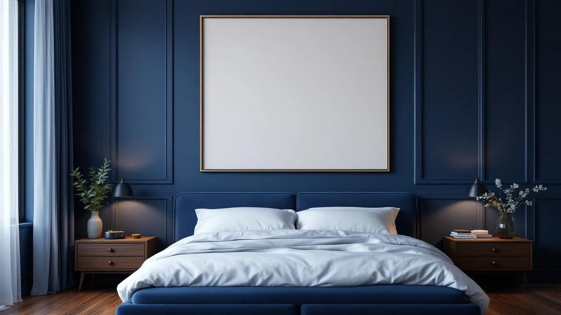 Bedroom Navy Interior Frame Mockup — Silver Frame Portrait 2:3 — Perspective View — #03971 | MockupBulk