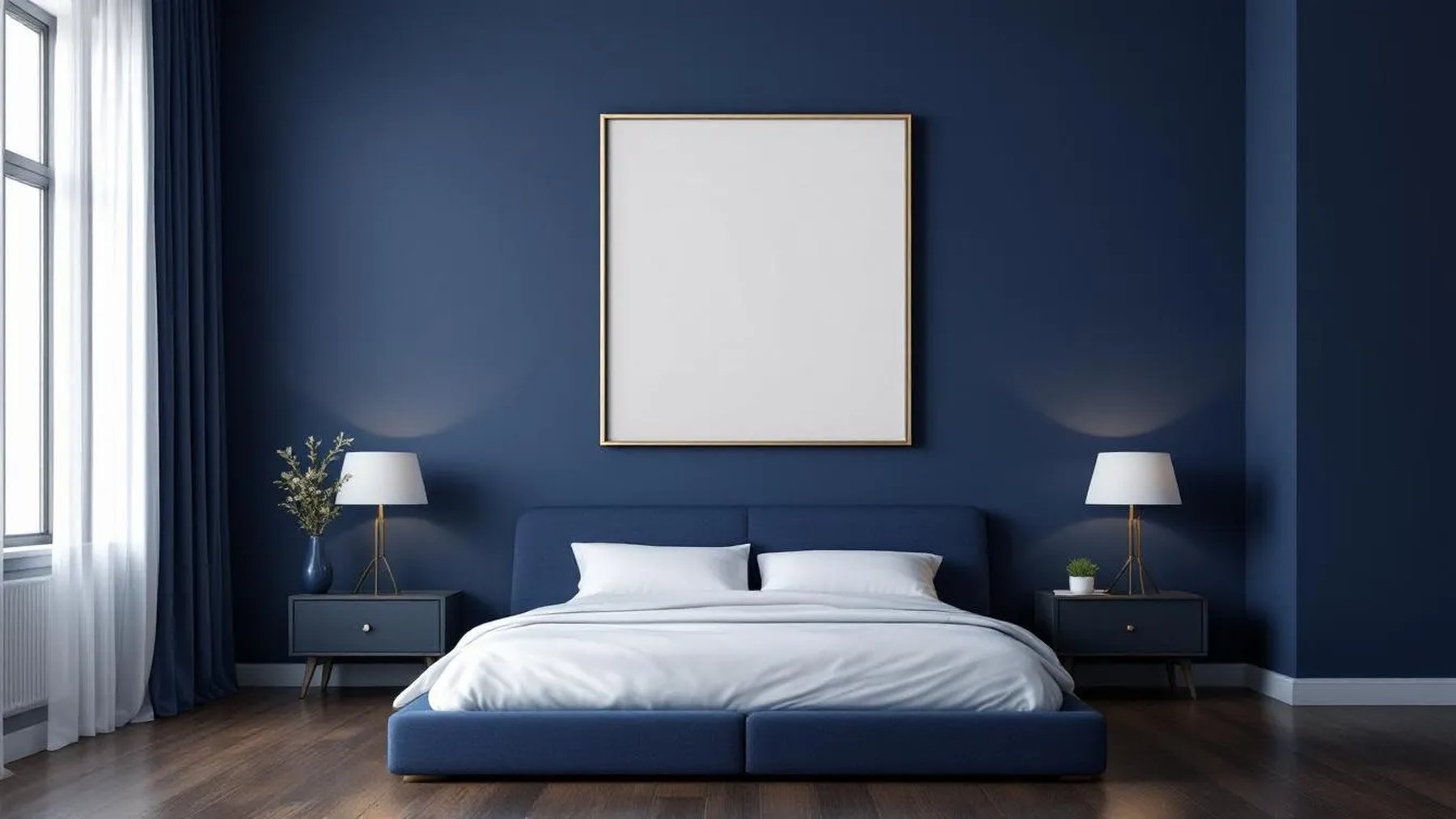 Bedroom Navy Frame Display Mockup — Silver Frame Portrait 2:3 — Perspective View — #03974 | MockupBulk