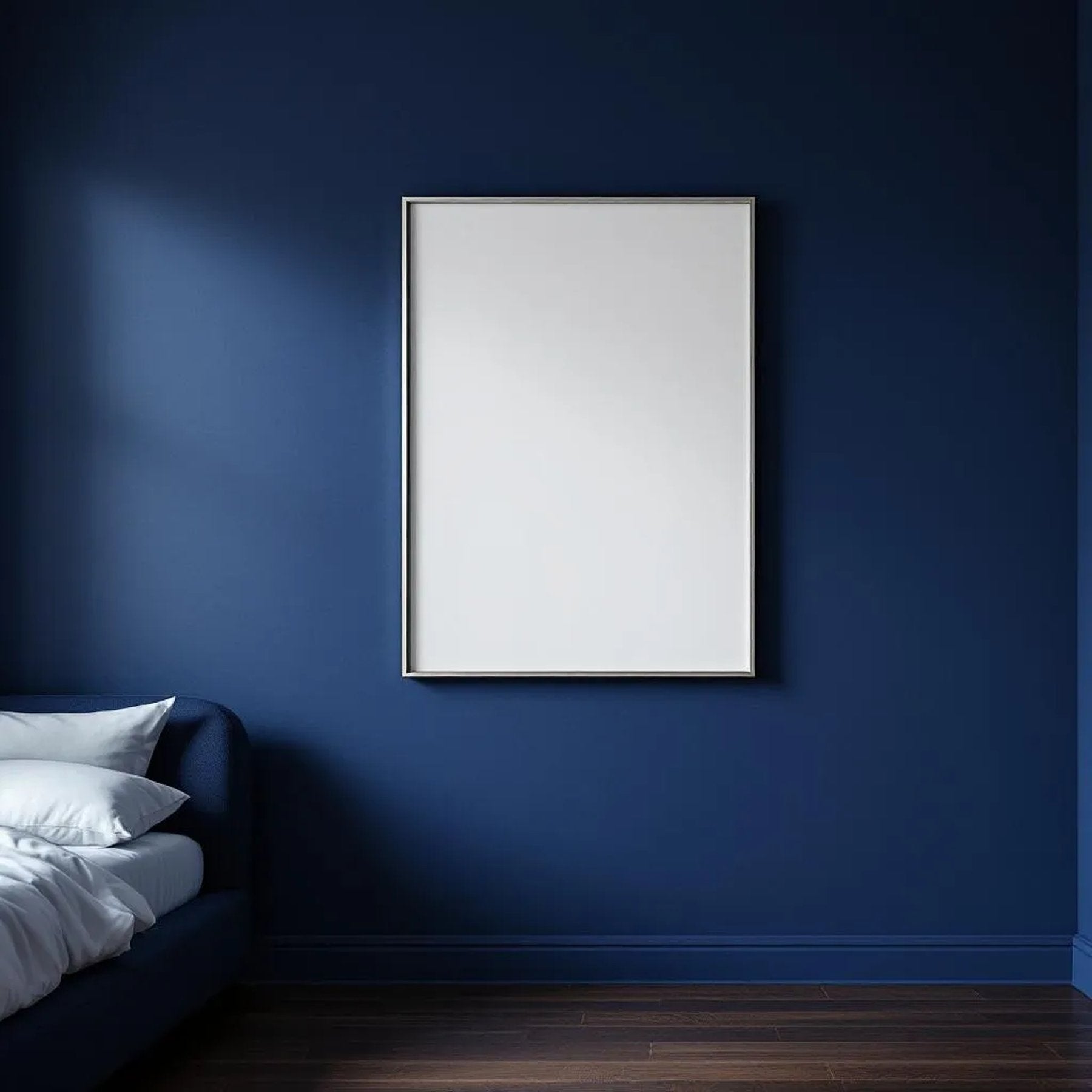 Bedroom Navy Interior Frame Mockup — Plain Square Frame Square 1:1 — Perspective View — #03976 | MockupBulk