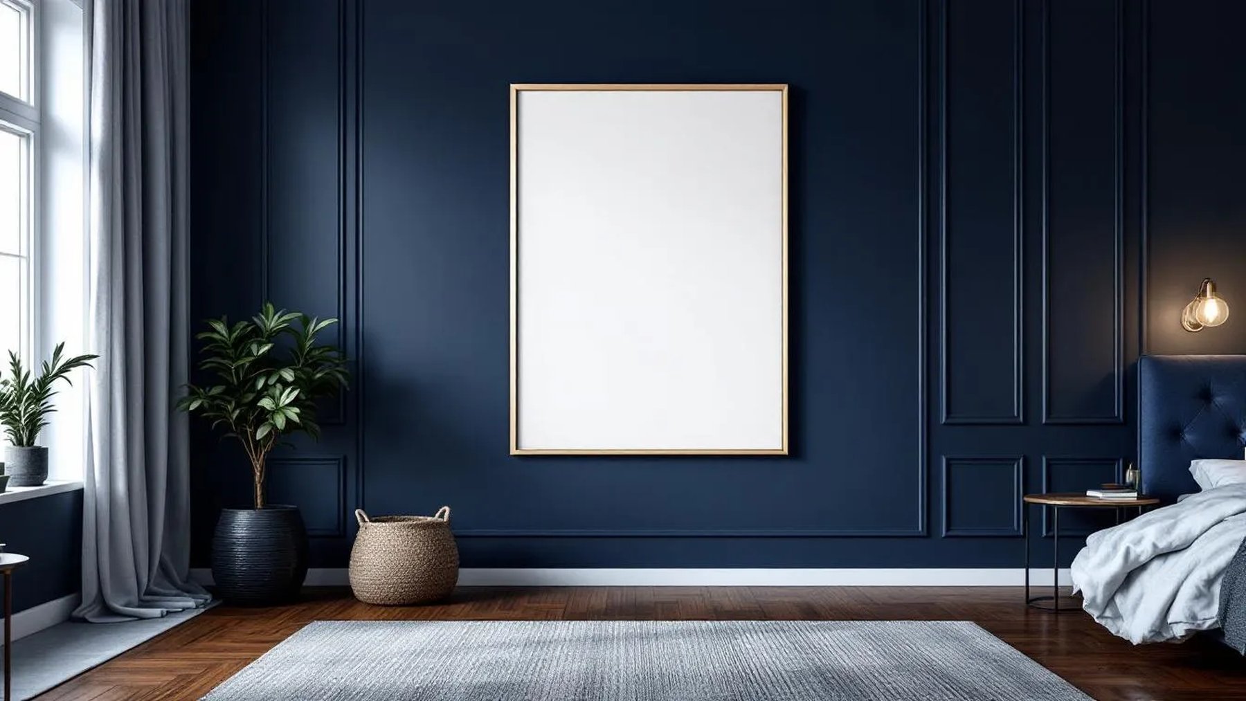 Bedroom Navy Interior Frame Mockup — Silver Frame Portrait 2:3 — Perspective View — #03977 | MockupBulk