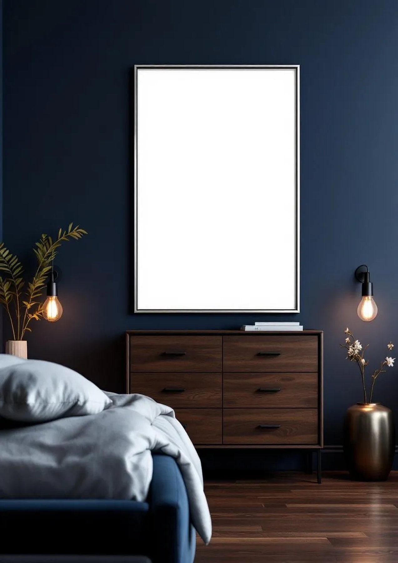 Bedroom Navy Interior Frame Mockup — Silver Frame Portrait 2:3 — Perspective View — #03978 | MockupBulk