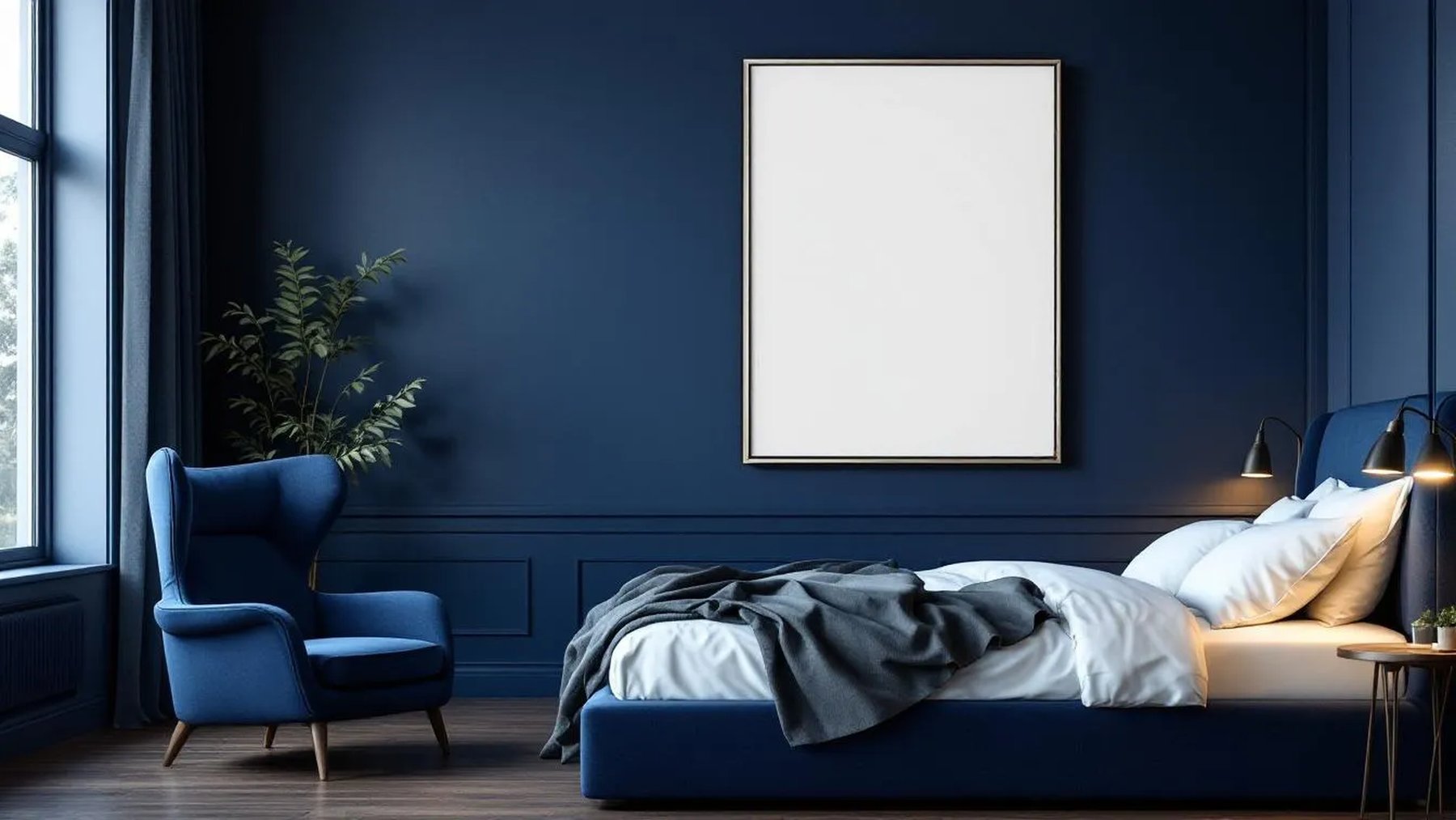 Bedroom Navy Premium Interior Mockup — Silver Frame Portrait 2:3 — Perspective View — #03980 | MockupBulk