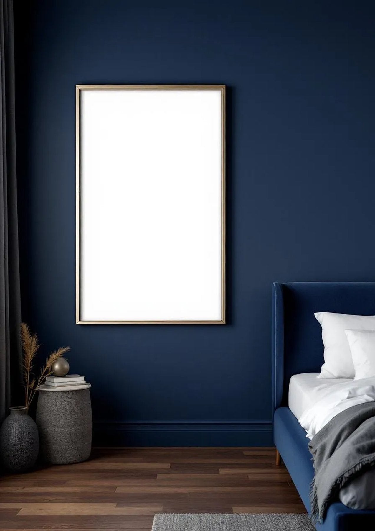 Bedroom Navy Styled Room Mockup — Silver Frame Portrait 2:3 — Perspective View — #03981 | MockupBulk