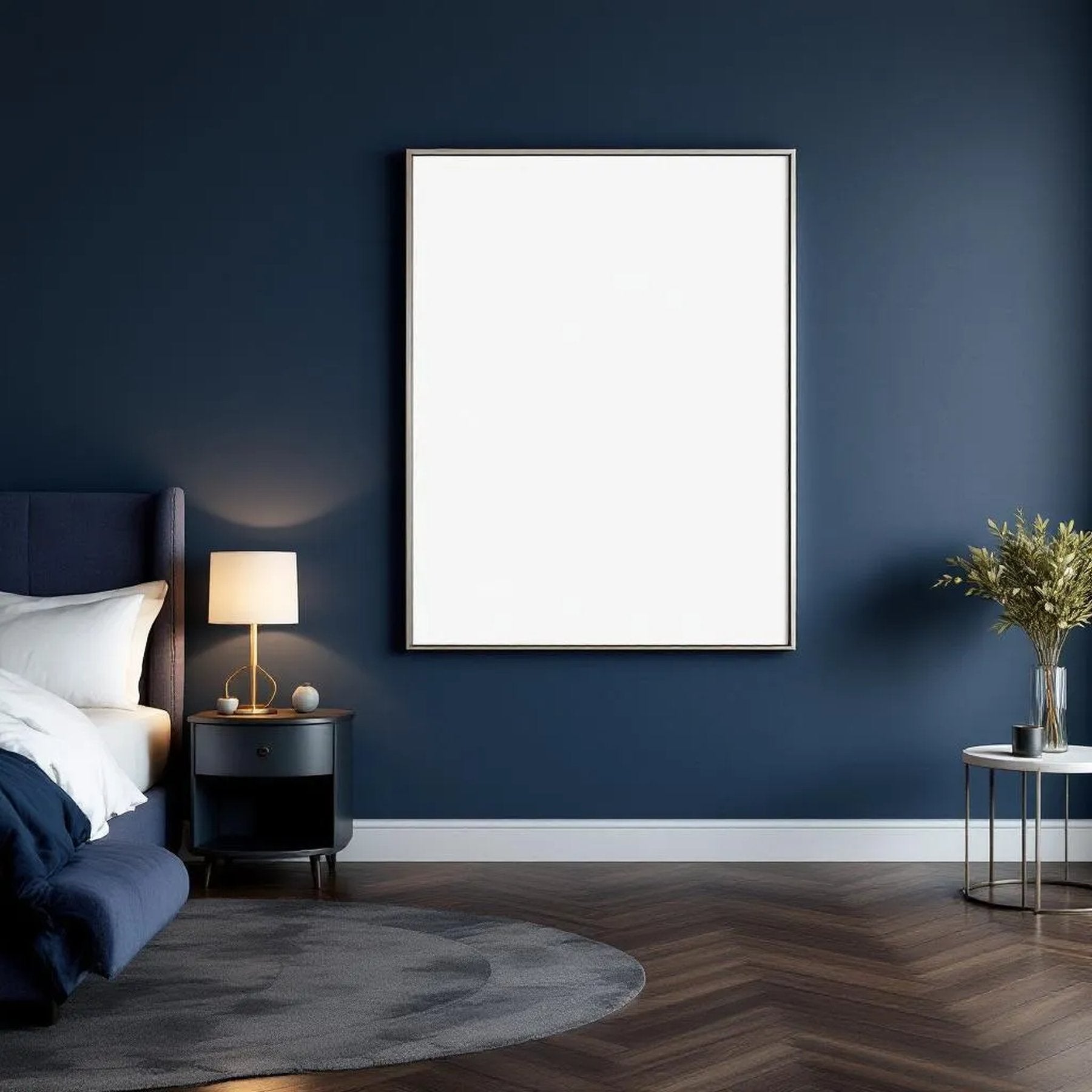 Bedroom Navy Frame Display Mockup — Plain Square Frame Landscape 3:4 — Perspective View — #03982 | MockupBulk