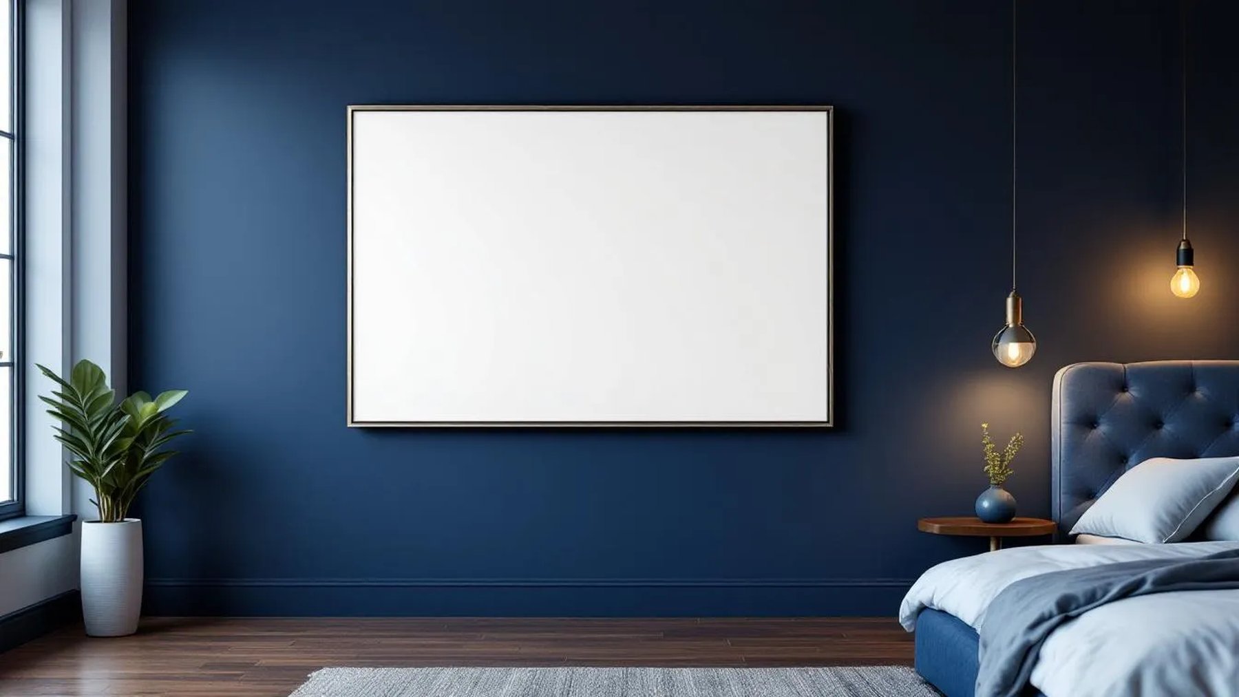 Bedroom Navy Wall Art Mockup — Silver Frame Square 1:1 — Perspective View — #03983 | MockupBulk