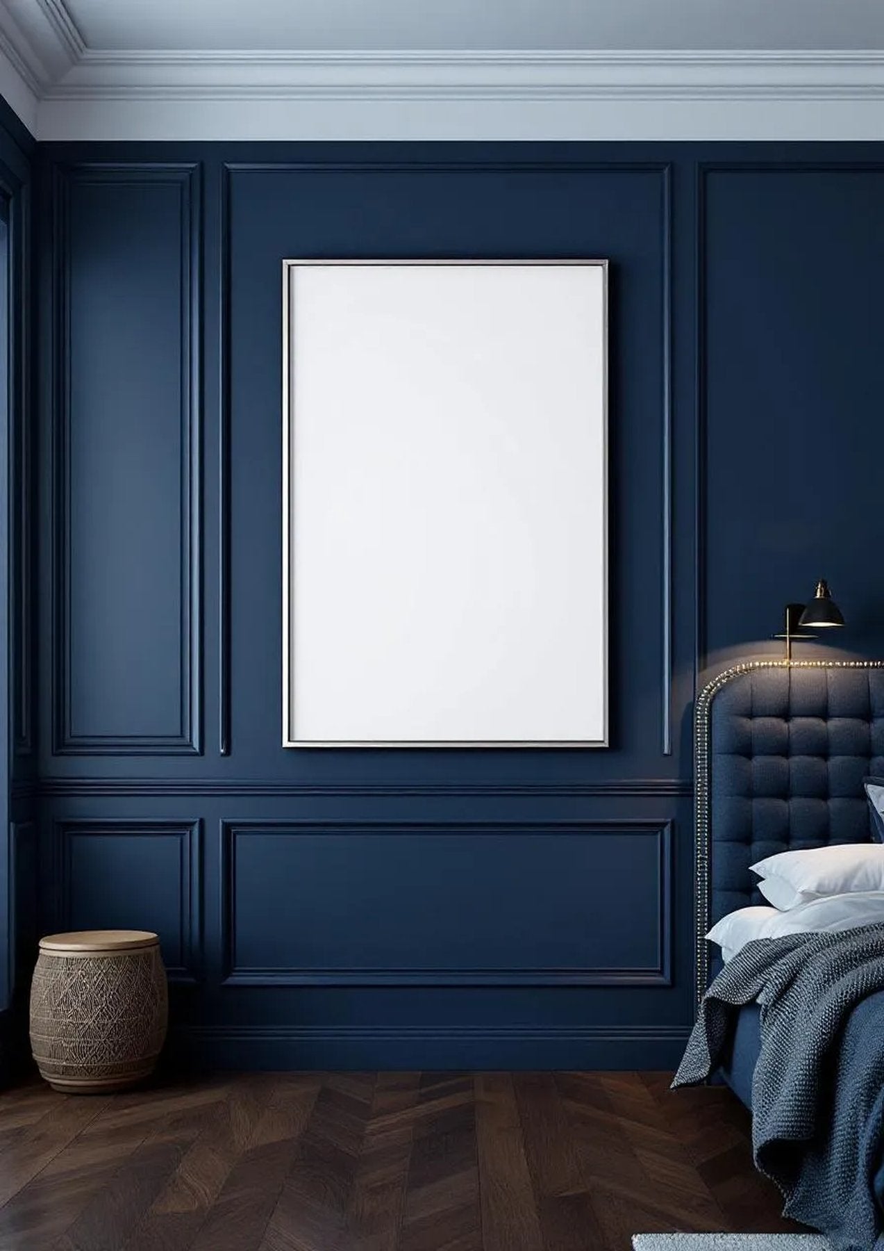Bedroom Navy Lifestyle Frame Mockup — Silver Frame Portrait 2:3 — Perspective View — #03984 | MockupBulk
