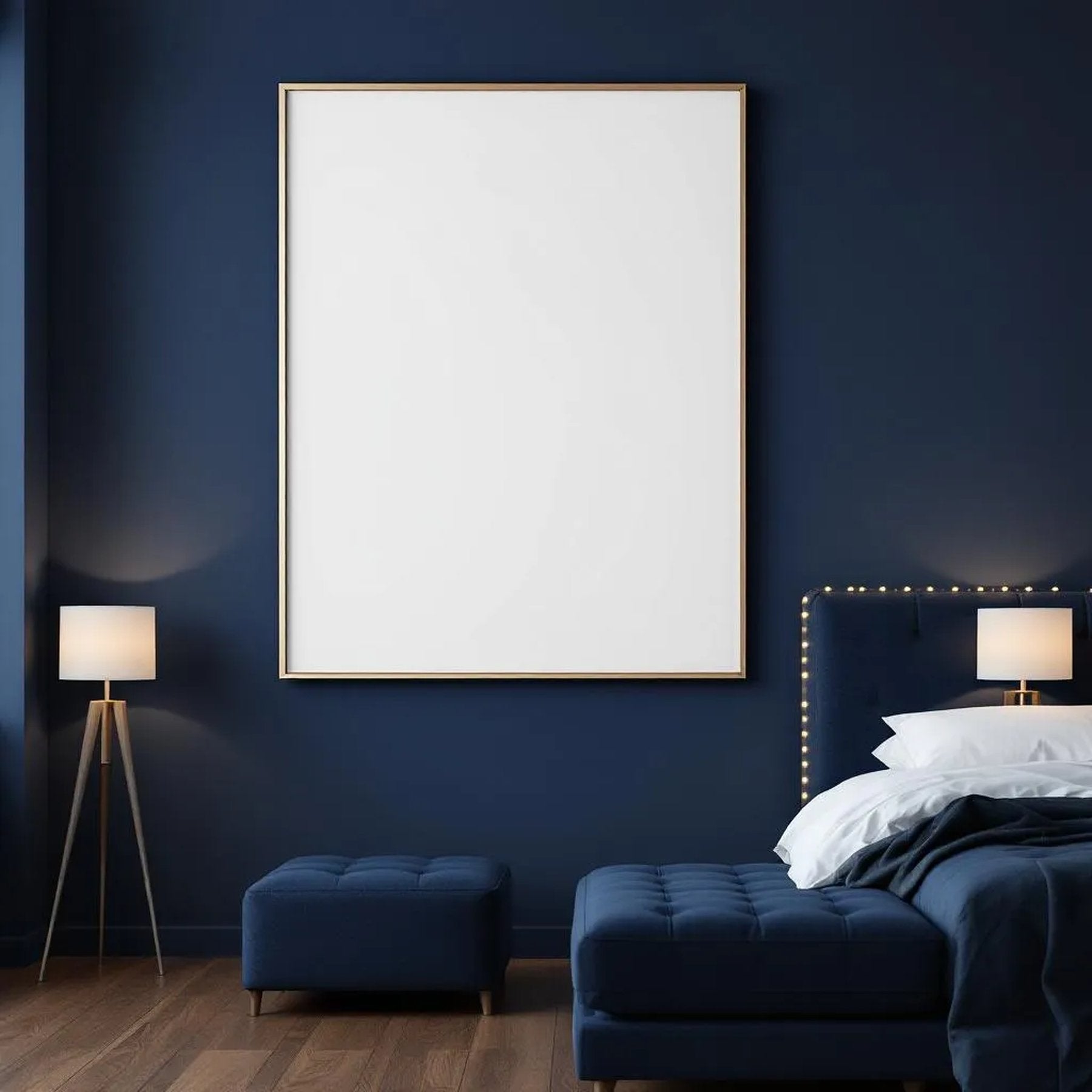 Bedroom Navy High-Res Frame Mockup — Plain Square Frame Landscape 3:4 — Perspective View — #03985 | MockupBulk