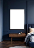 Bedroom Navy Editorial Room Mockup — Silver Frame A-Series (A4 / A3) — Perspective View — #03987 | MockupBulk