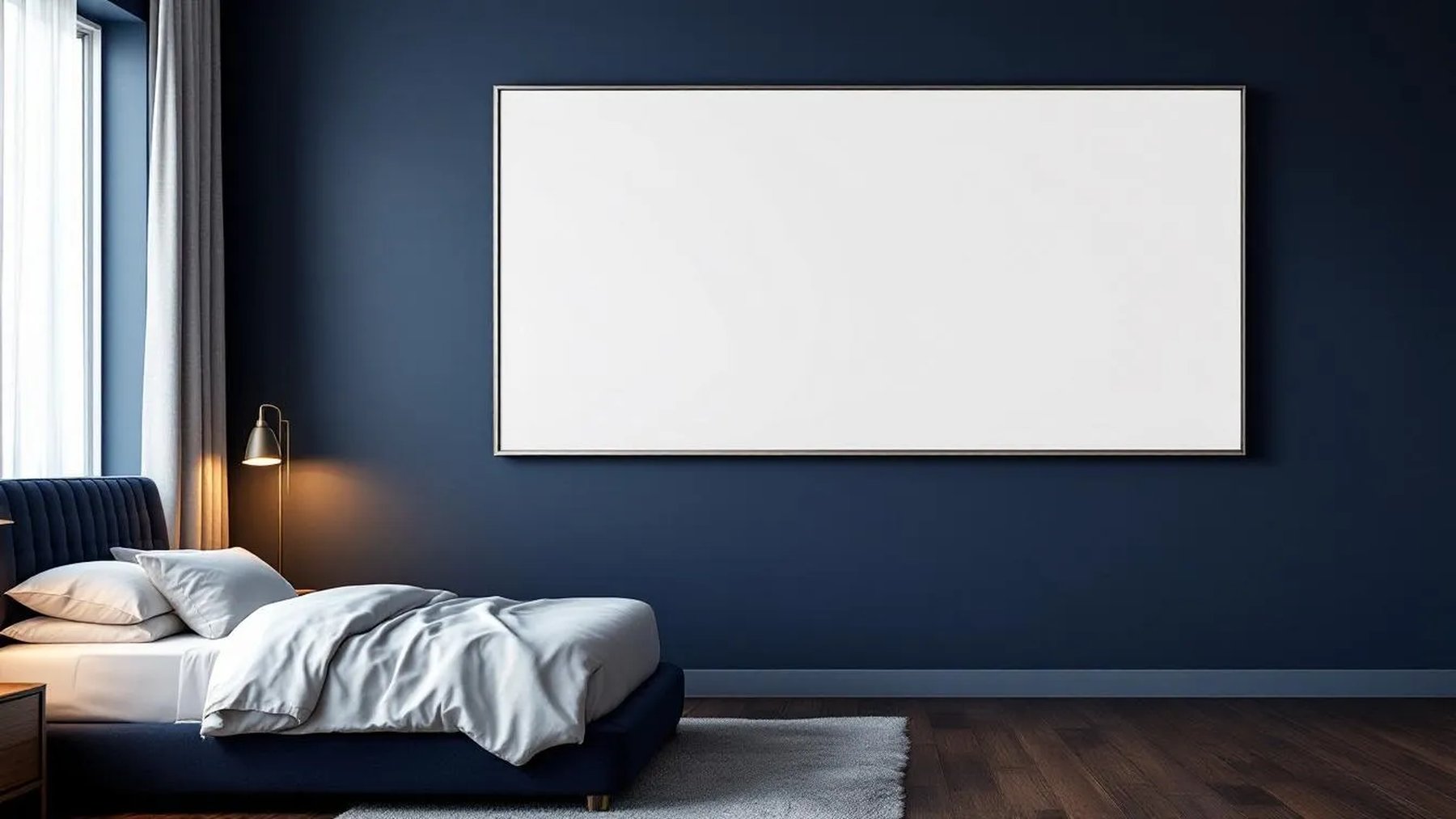 Bedroom Navy Wall Art Mockup — Silver Frame Square 1:1 — Perspective View — #03989 | MockupBulk