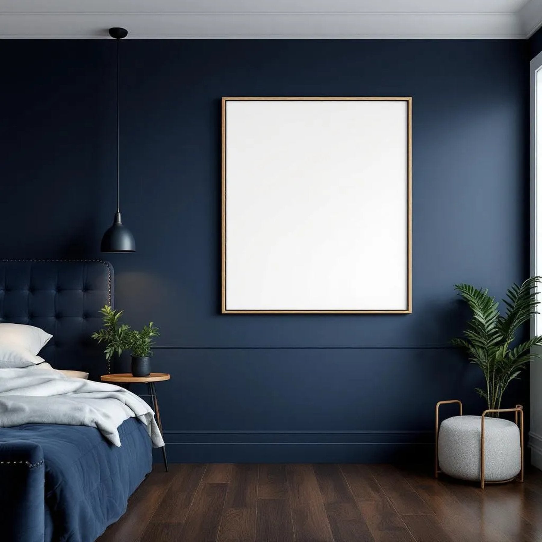 Bedroom Navy Room Scene Mockup — Plain Square Frame Portrait 4:5 — Perspective View — #03991 | MockupBulk