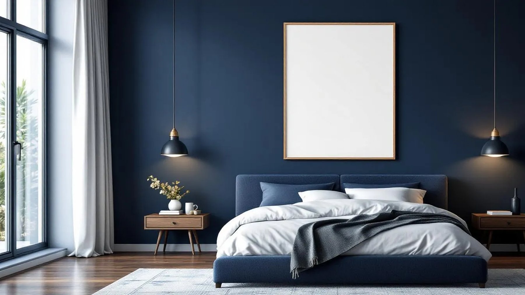 Bedroom Navy Premium Interior Mockup — Raw Pine Frame Portrait 2:3 — Perspective View — #03992 | MockupBulk