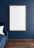 Bedroom Navy Wall Art Mockup — Raw Pine Frame Portrait 2:3 — Perspective View — #03993 | MockupBulk
