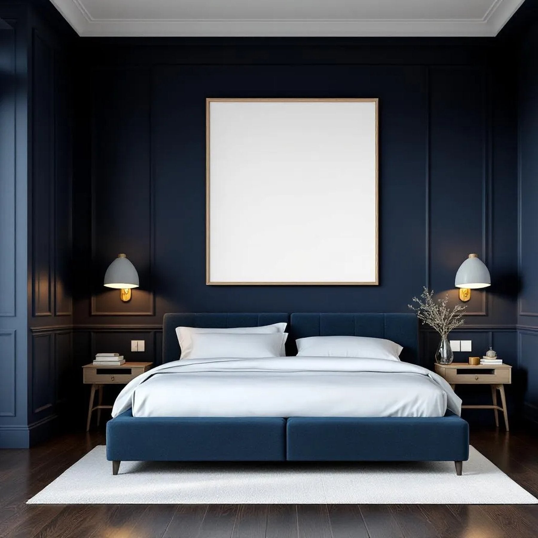 Bedroom Navy Professional Frame Mockup — Plain Square Frame Portrait 2:3 — Perspective View — #03994 | MockupBulk