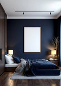 Bedroom Navy High-Res Frame Mockup — Raw Pine Frame Portrait 2:3 — Perspective View — #03996 | MockupBulk
