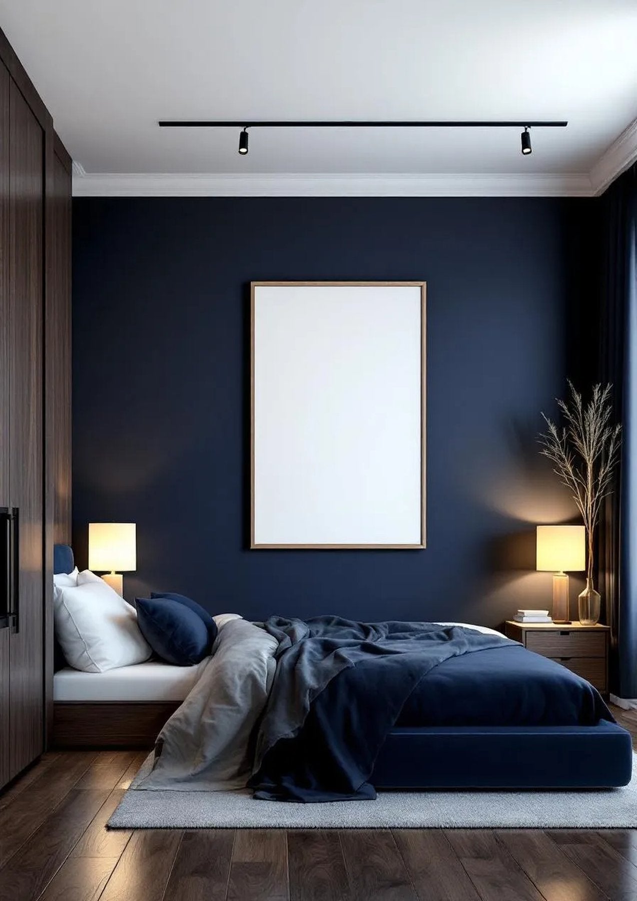 Bedroom Navy High-Res Frame Mockup — Raw Pine Frame Portrait 2:3 — Perspective View — #03996 | MockupBulk