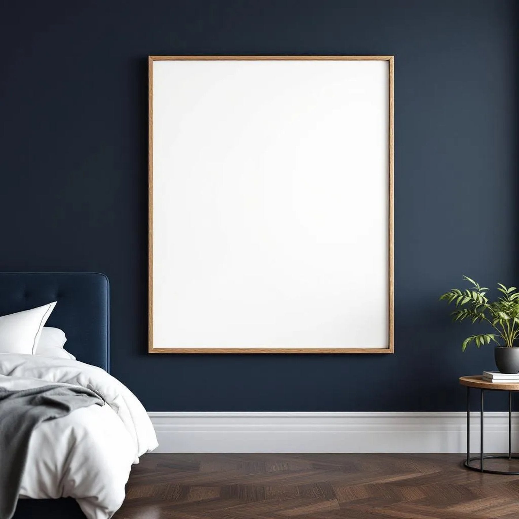 Bedroom Navy Frame Display Mockup — Plain Square Frame Portrait 2:3 — Perspective View — #03997 | MockupBulk