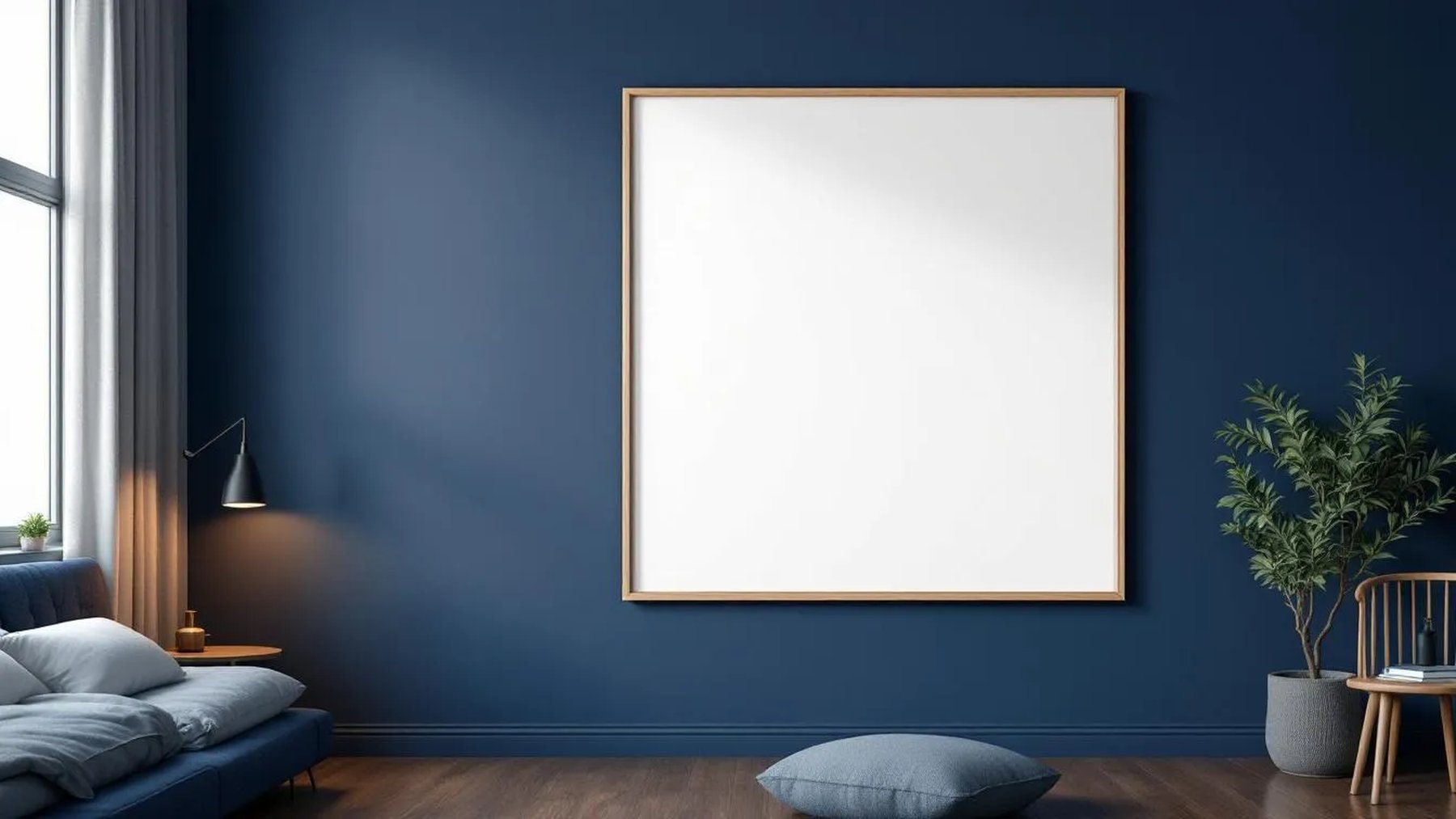 Bedroom Navy Premium Interior Mockup — Raw Pine Frame Square 1:1 — Perspective View — #03998 | MockupBulk