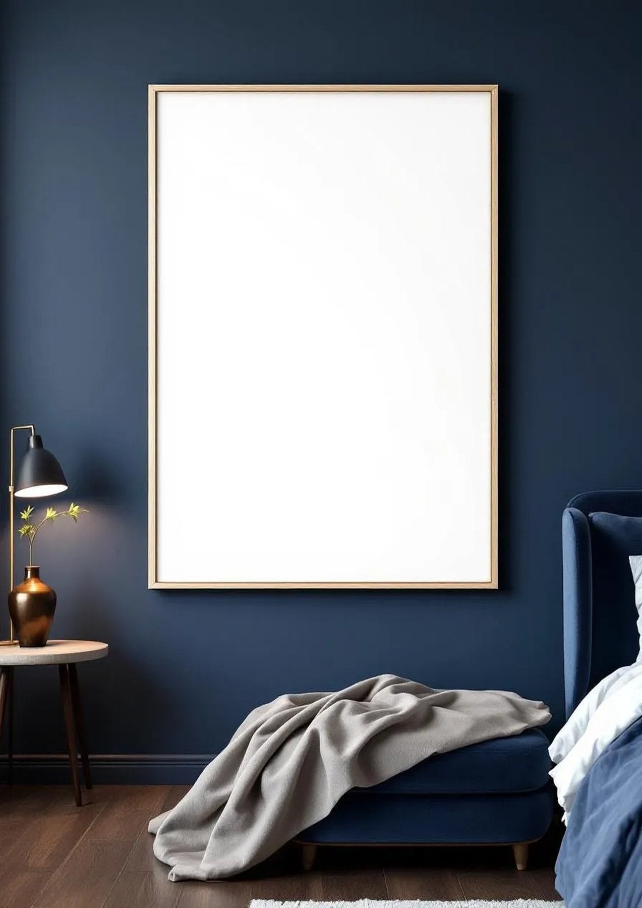 Bedroom Navy Professional Frame Mockup — Raw Pine Frame Portrait 2:3 — Perspective View — #03999 | MockupBulk
