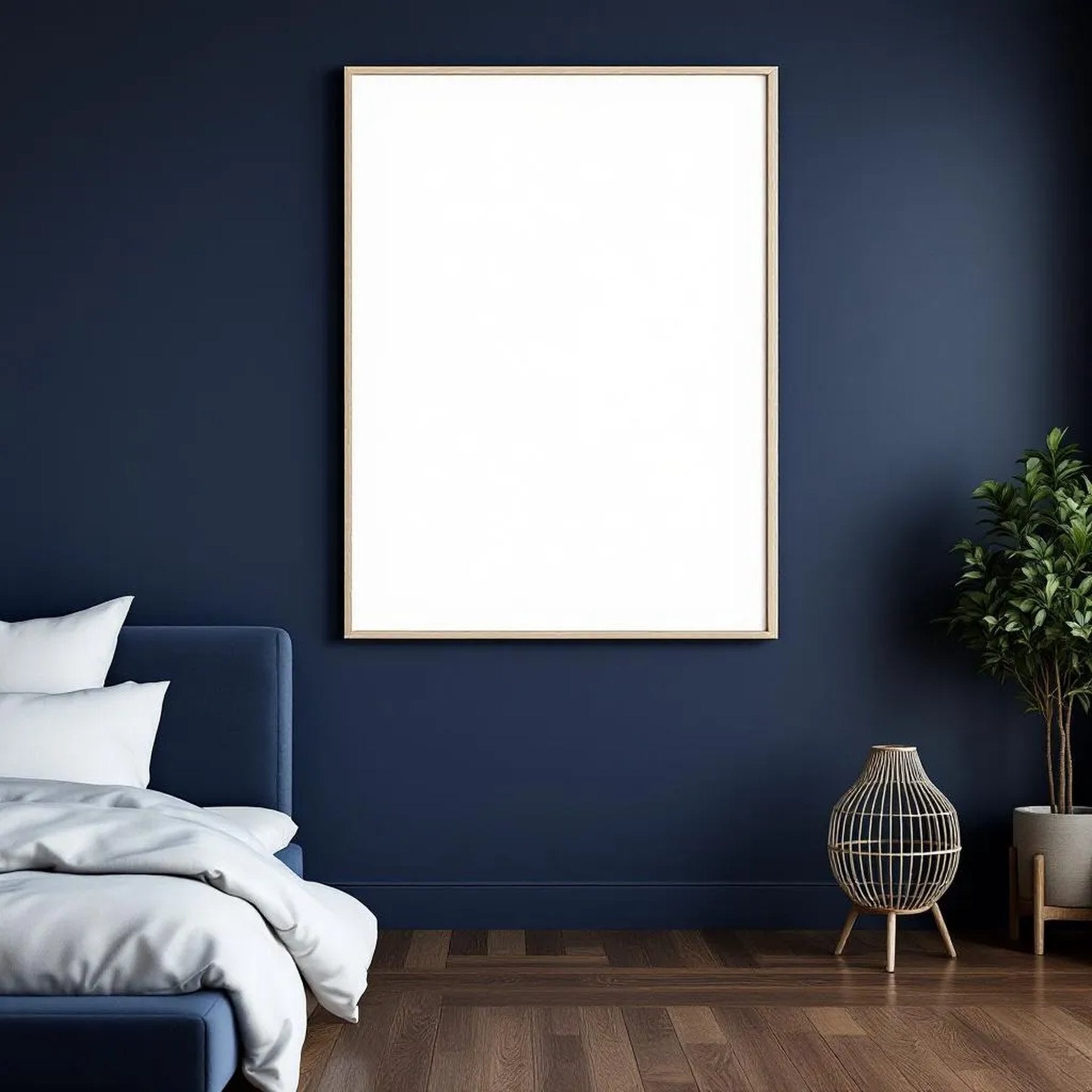 Bedroom Navy Wall Art Mockup — Plain Square Frame Portrait 5:7 — Perspective View — #04000 | MockupBulk