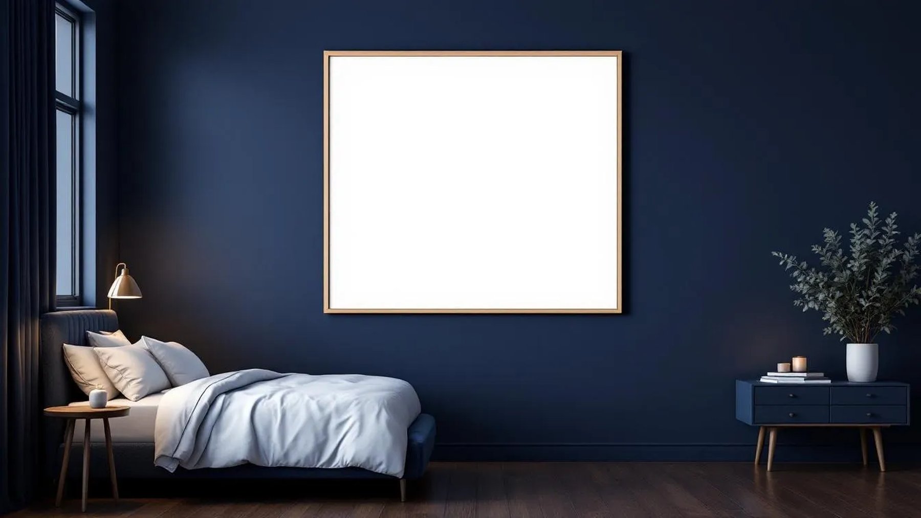 Bedroom Navy Lifestyle Frame Mockup — Raw Pine Frame Square 1:1 — Perspective View — #04001 | MockupBulk