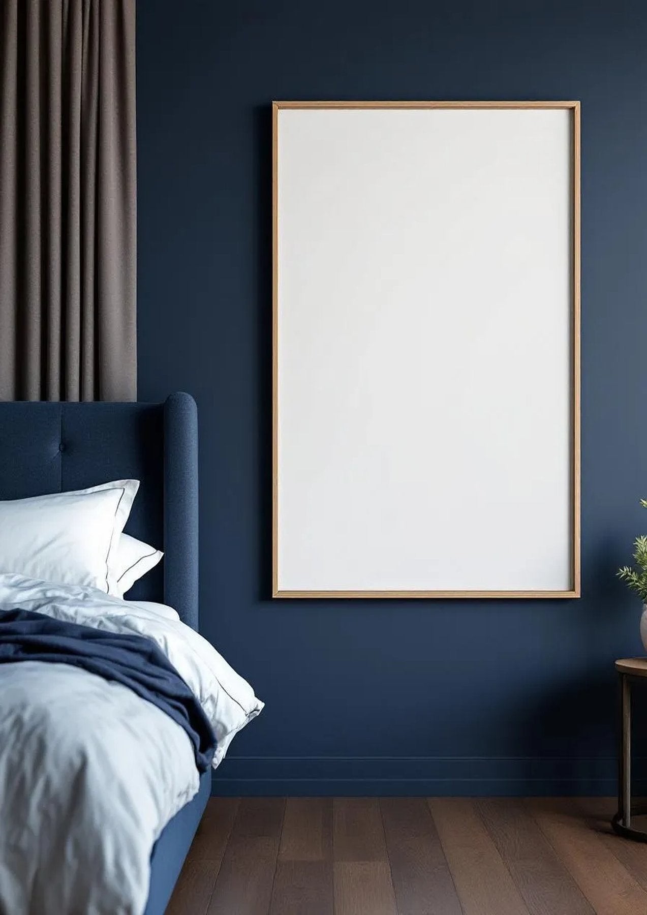 Bedroom Navy High-Res Frame Mockup — Raw Pine Frame Portrait 2:3 — Perspective View — #04002 | MockupBulk