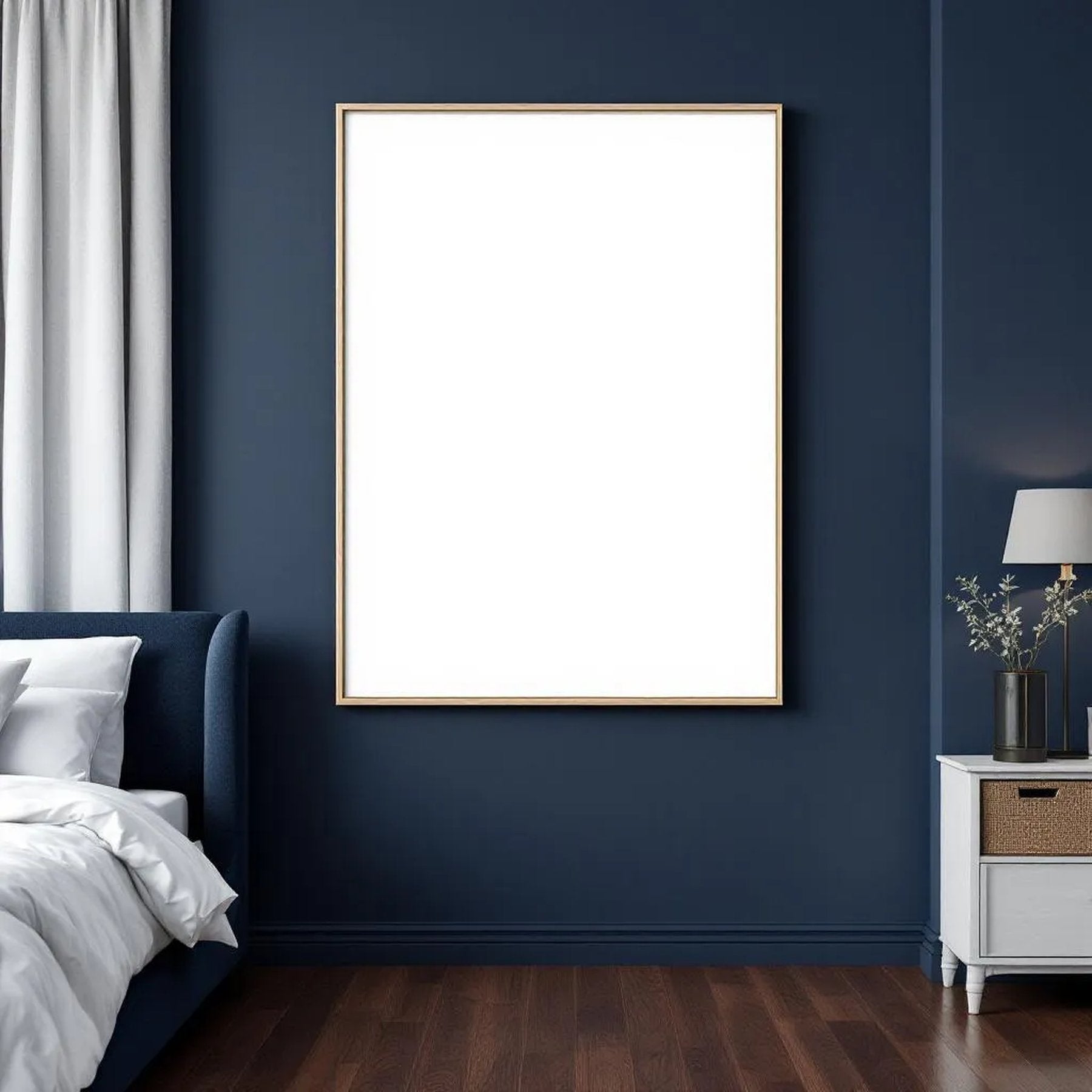 Bedroom Navy Professional Frame Mockup — Plain Square Frame Landscape 3:4 — Perspective View — #04003 | MockupBulk