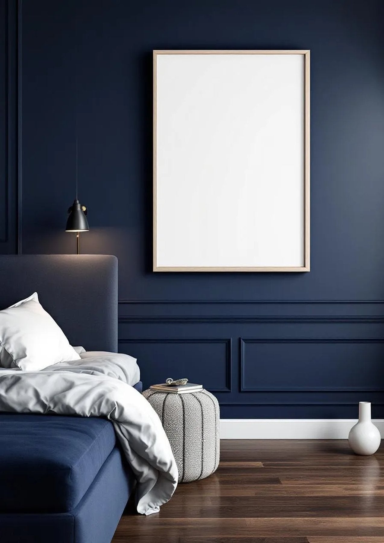 Bedroom Navy Editorial Room Mockup — Raw Pine Frame Portrait 2:3 — Perspective View — #04005 | MockupBulk