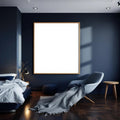 Bedroom Navy Lifestyle Frame Mockup — Plain Square Frame Portrait 4:5 — Perspective View — #04006 | MockupBulk