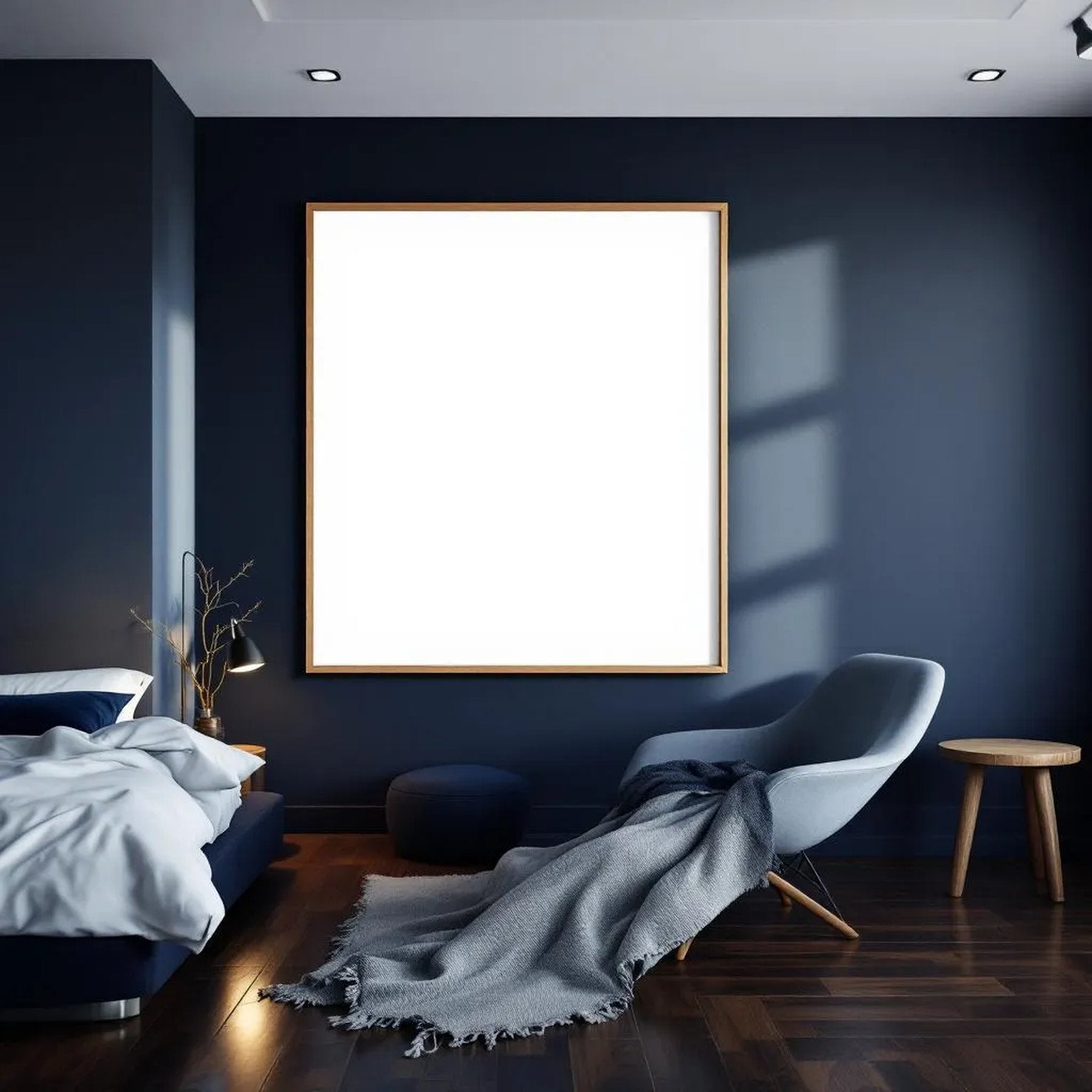 Bedroom Navy Lifestyle Frame Mockup — Plain Square Frame Portrait 4:5 — Perspective View — #04006 | MockupBulk