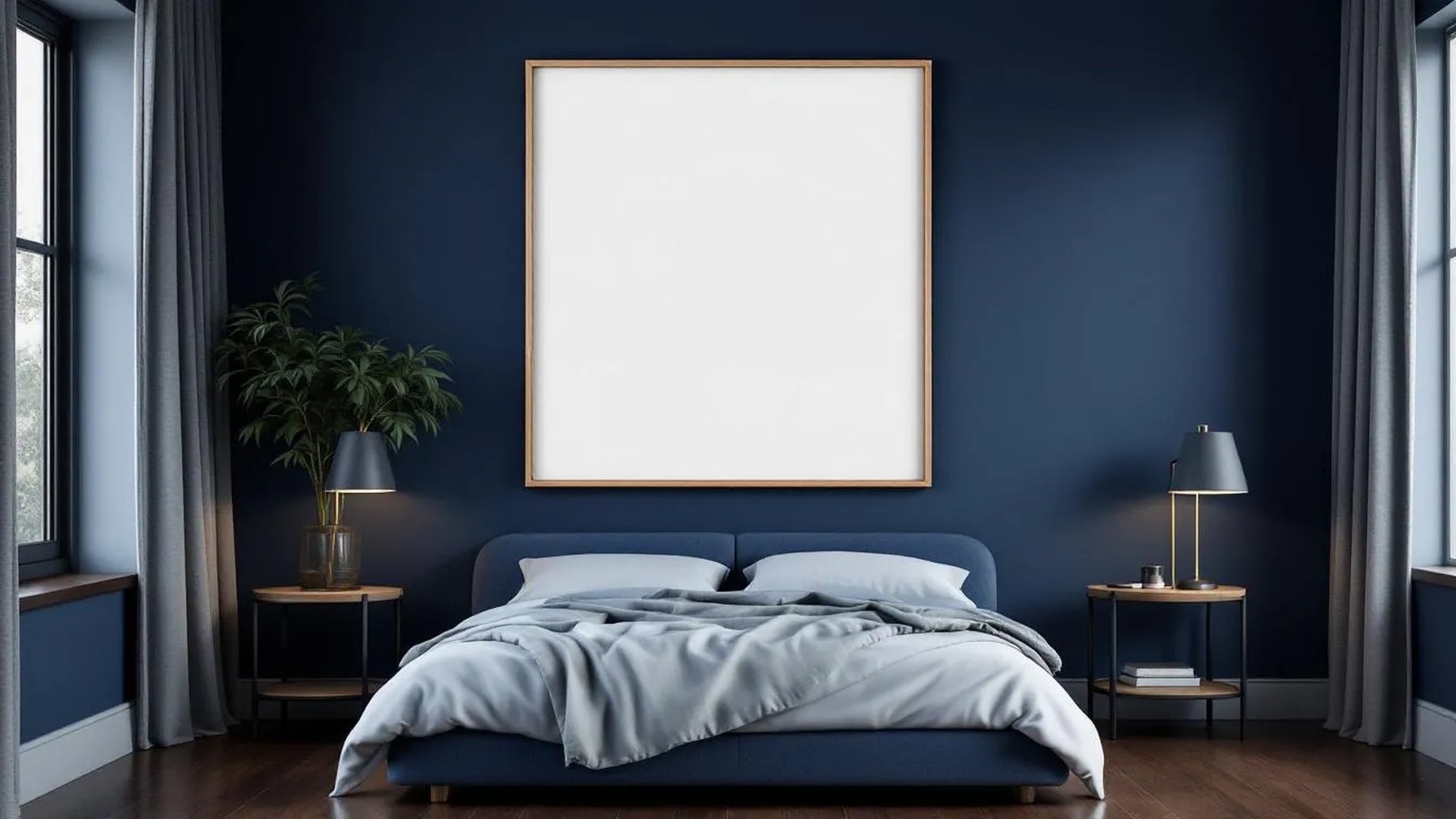 Bedroom Navy Professional Frame Mockup — Raw Pine Frame Square 1:1 — Perspective View — #04007 | MockupBulk