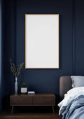 Bedroom Navy Room Scene Mockup — Raw Pine Frame Portrait 2:3 — Perspective View — #04008 | MockupBulk