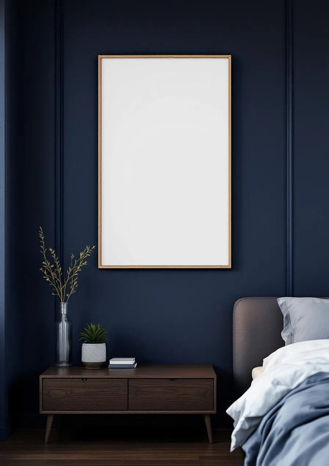 Bedroom Navy Room Scene Mockup — Raw Pine Frame Portrait 2:3 — Perspective View — #04008 | MockupBulk