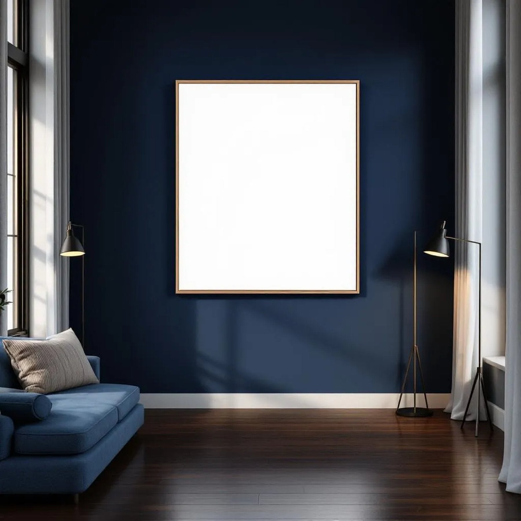 Bedroom Navy Frame Display Mockup — Plain Square Frame Portrait 2:3 — Perspective View — #04009 | MockupBulk