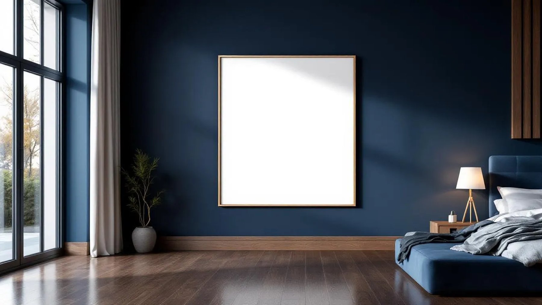 Bedroom Navy Styled Room Mockup — Raw Pine Frame Square 1:1 — Perspective View — #04010 | MockupBulk