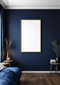 Bedroom Navy Editorial Room Mockup — Raw Pine Frame Portrait 2:3 — Perspective View — #04011 | MockupBulk