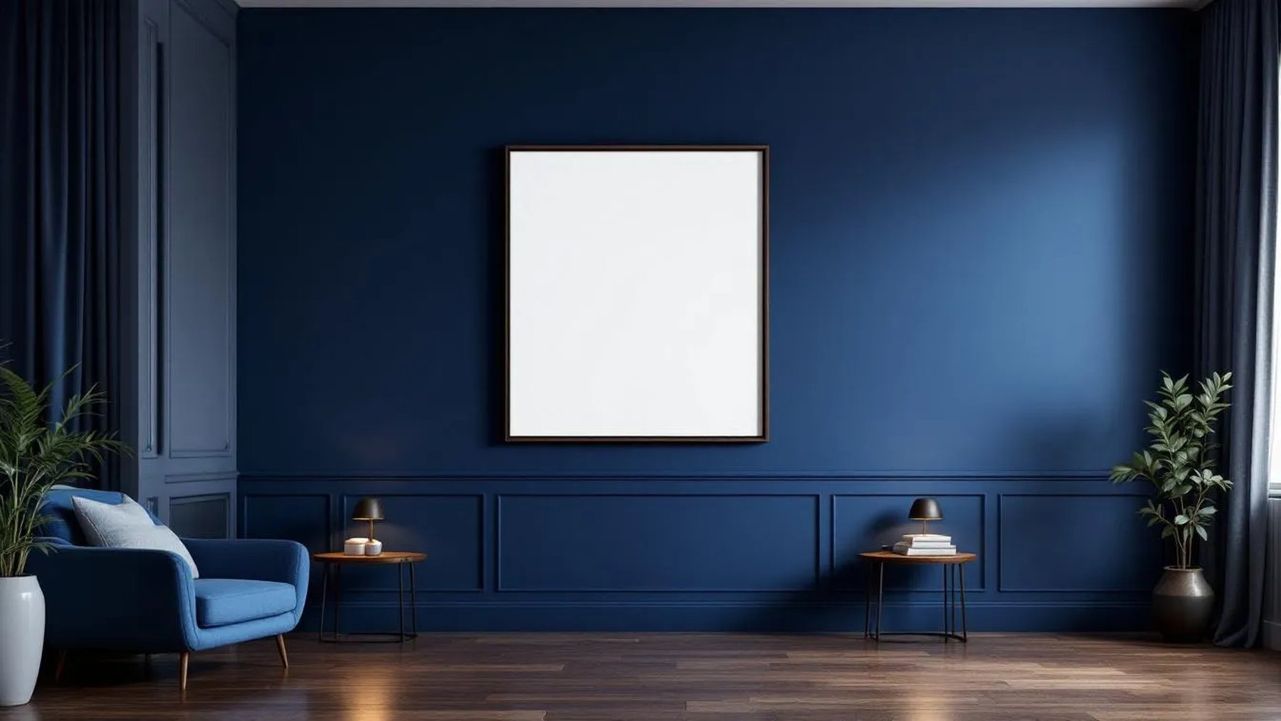 Bedroom Navy Lifestyle Frame Mockup — Espresso Frame Portrait 4:5 — Perspective View — #04013 | MockupBulk