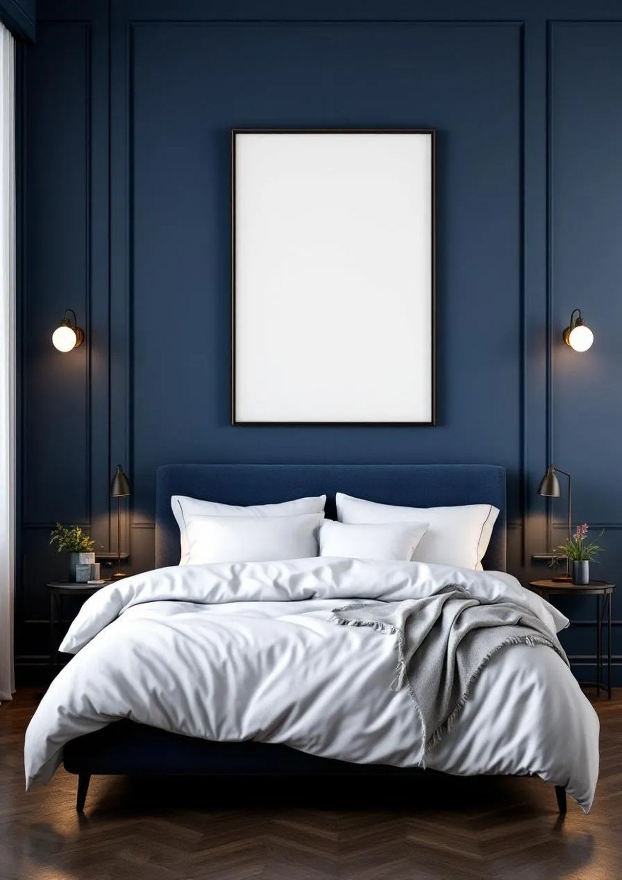 Bedroom Navy Wall Art Mockup — Espresso Frame Portrait 2:3 — Perspective View — #04014 | MockupBulk