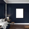Bedroom Navy Interior Frame Mockup — Plain Square Frame Portrait 2:3 — Perspective View — #04015 | MockupBulk