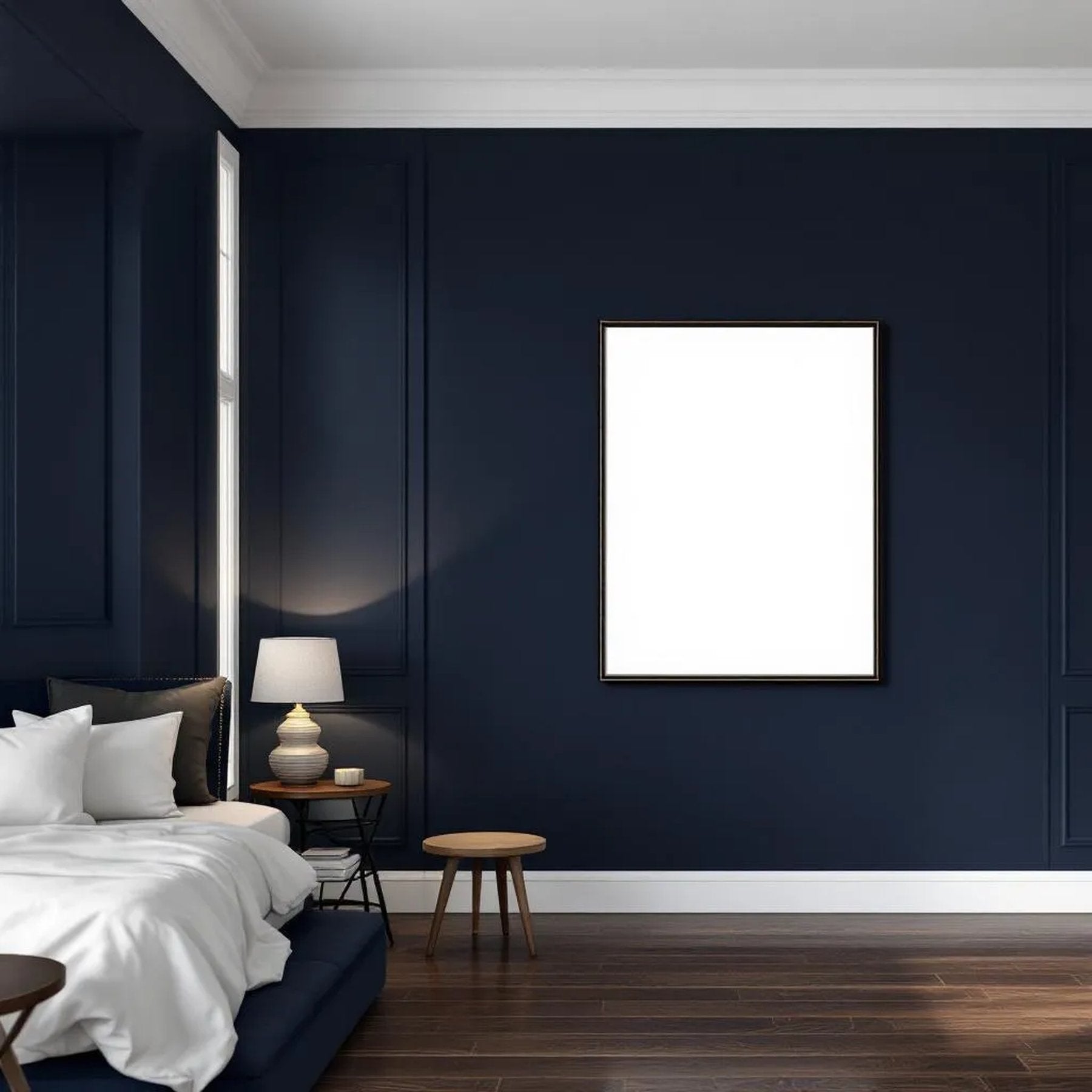 Bedroom Navy Interior Frame Mockup — Plain Square Frame Portrait 2:3 — Perspective View — #04015 | MockupBulk