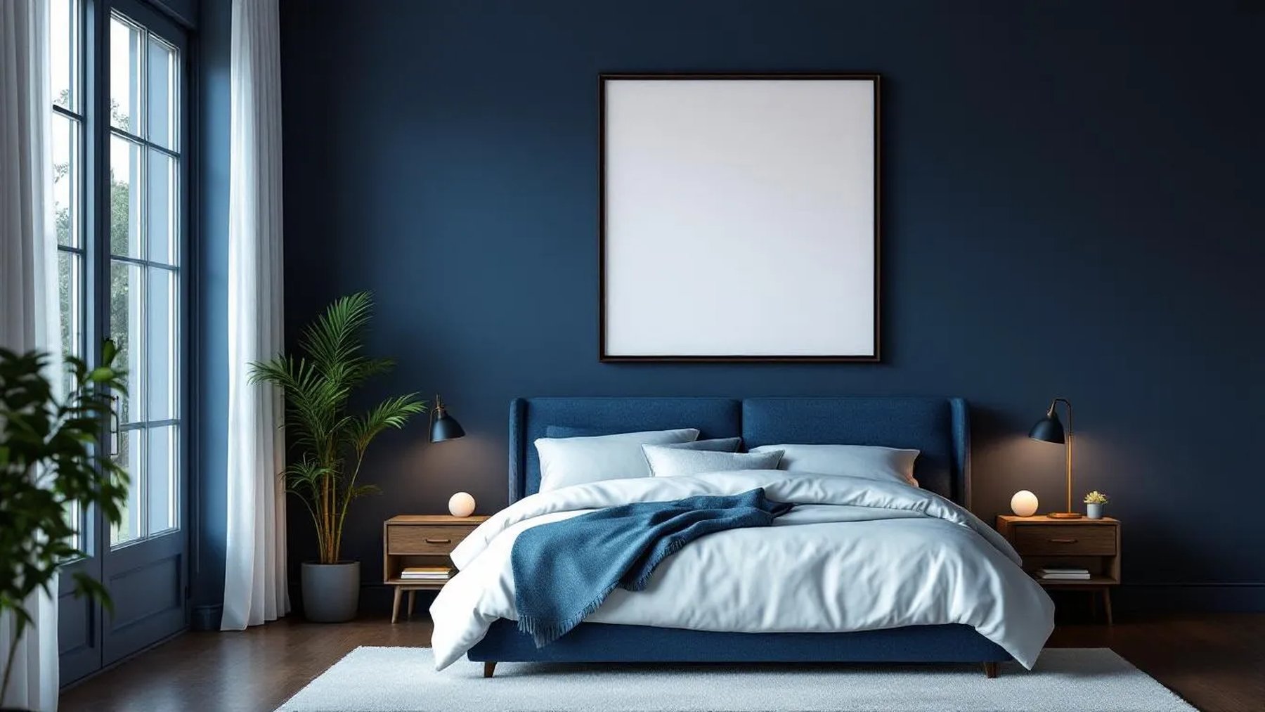 Bedroom Navy Frame Display Mockup — Espresso Frame Portrait 2:3 — Perspective View — #04016 | MockupBulk
