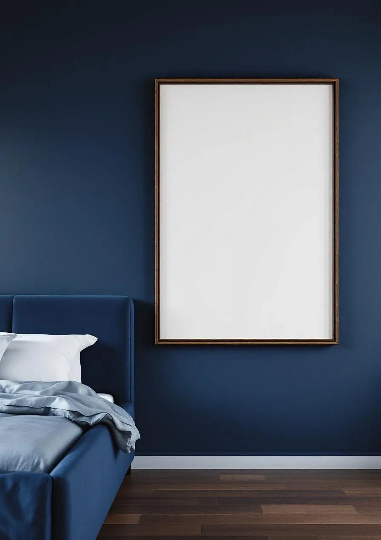 Bedroom Navy Frame Display Mockup — Espresso Frame Portrait 2:3 — Perspective View — #04017 | MockupBulk