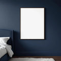 Bedroom Navy Editorial Room Mockup — Plain Square Frame Landscape 3:4 — Perspective View — #04018 | MockupBulk