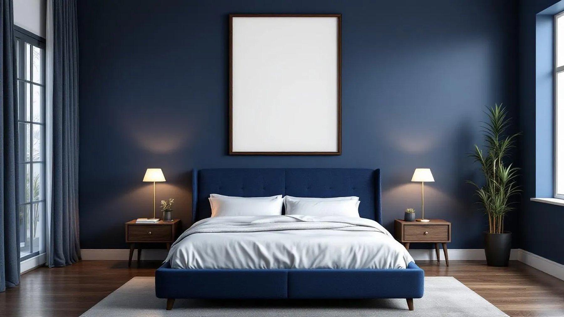 Bedroom Navy Lifestyle Frame Mockup — Espresso Frame Portrait 2:3 — Perspective View — #04019 | MockupBulk