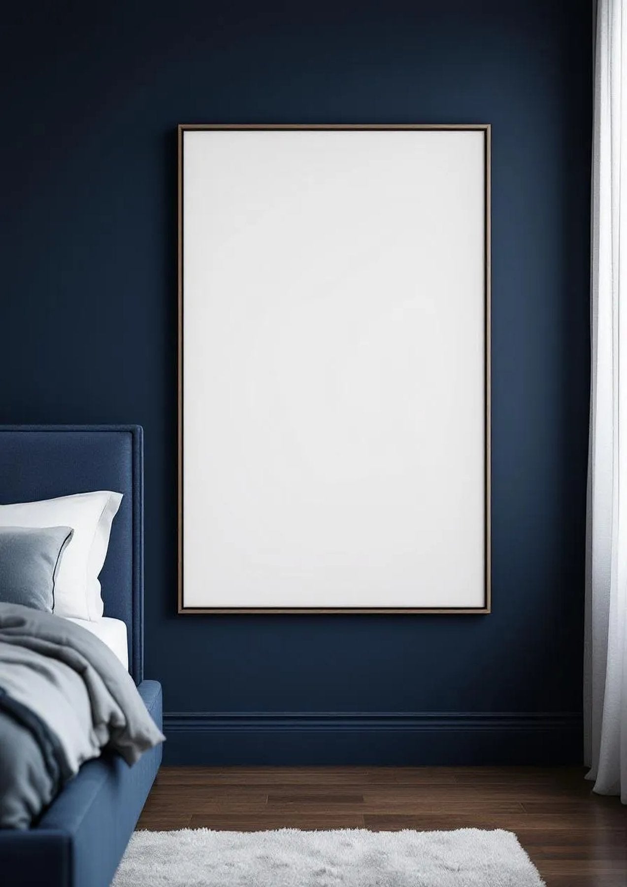 Bedroom Navy Styled Room Mockup — Espresso Frame Portrait 2:3 — Perspective View — #04020 | MockupBulk
