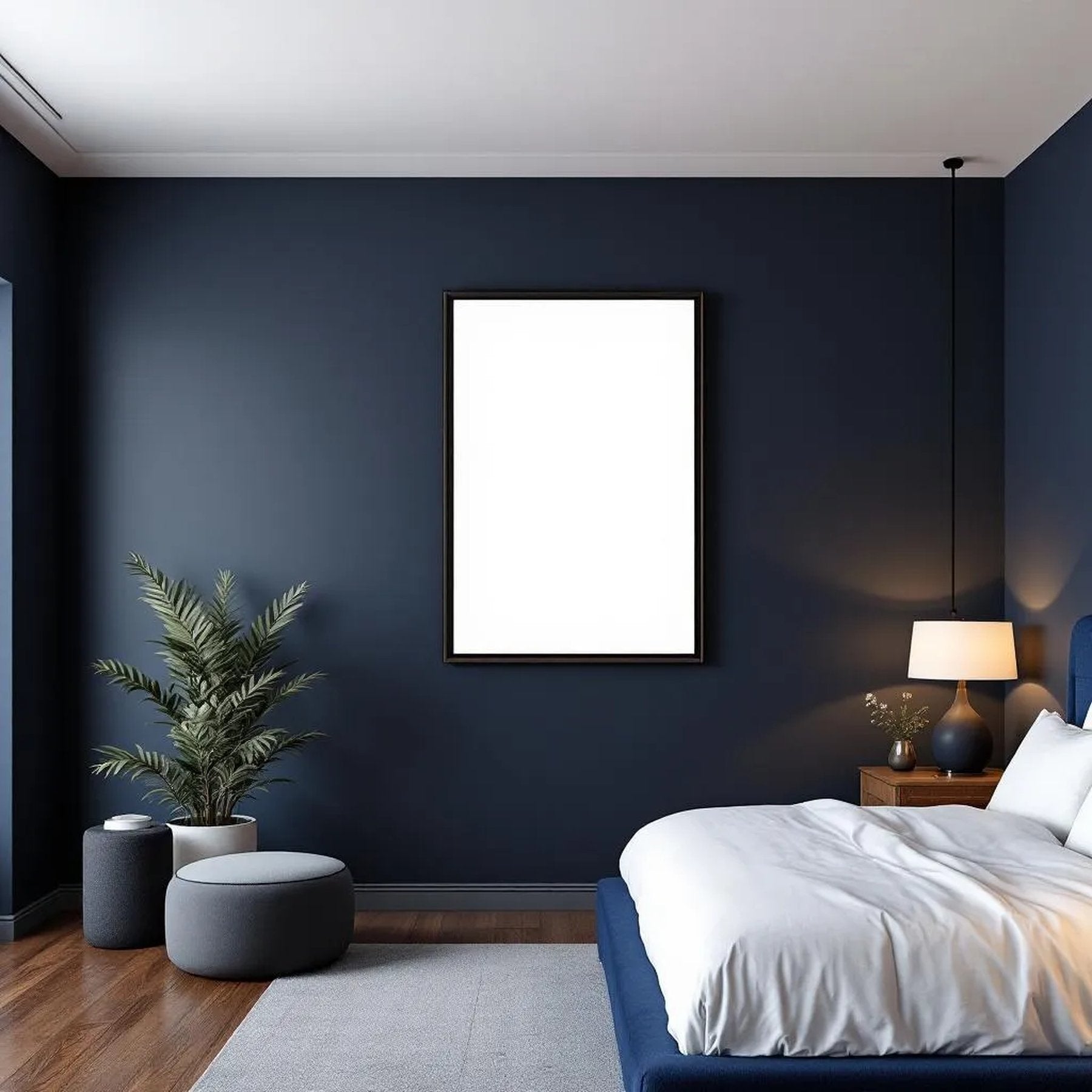 Bedroom Navy Professional Frame Mockup — Plain Square Frame Portrait 2:3 — Perspective View — #04021 | MockupBulk
