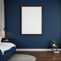 Bedroom Navy Editorial Room Mockup — Plain Square Frame Portrait 2:3 — Perspective View — #04024 | MockupBulk