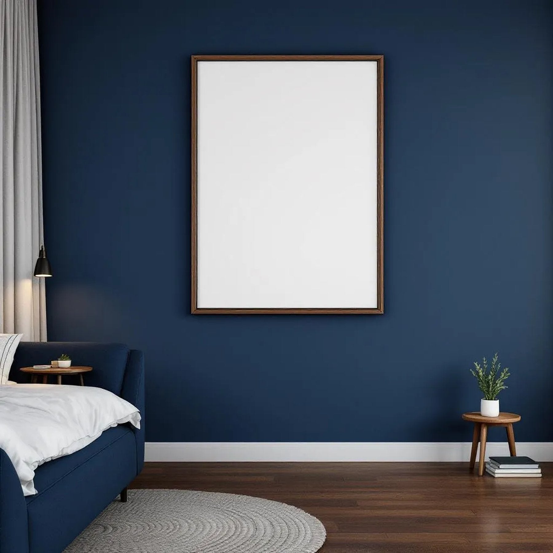 Bedroom Navy Editorial Room Mockup — Plain Square Frame Portrait 2:3 — Perspective View — #04024 | MockupBulk
