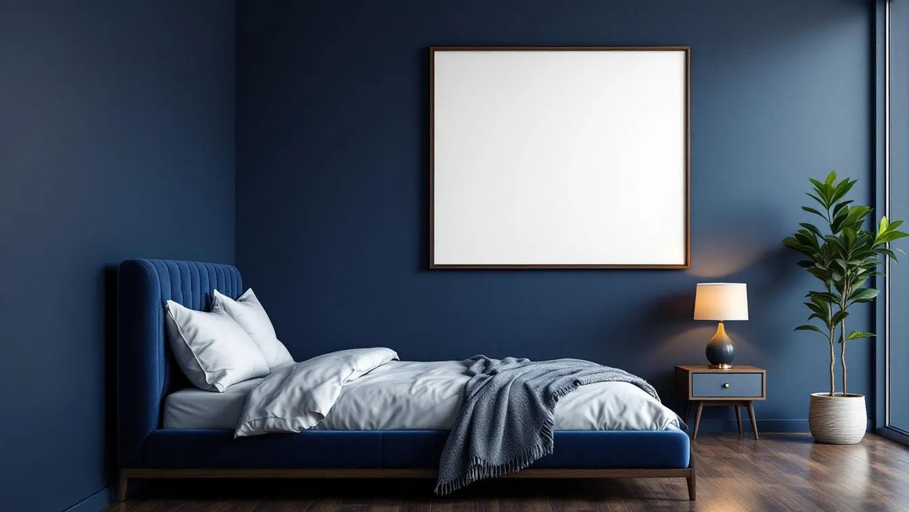 Bedroom Navy Frame Display Mockup — Espresso Frame Square 1:1 — Perspective View — #04025 | MockupBulk
