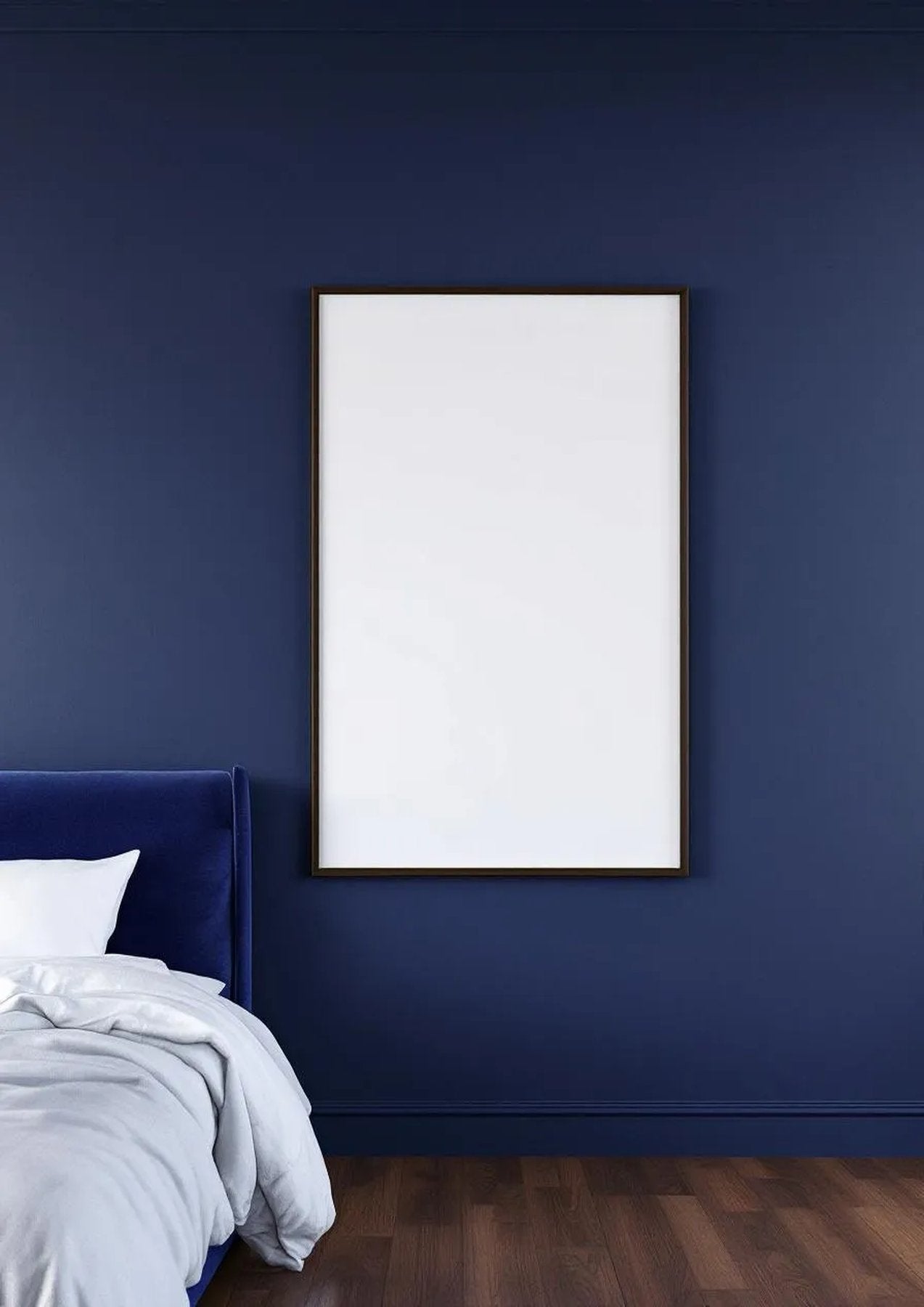 Bedroom Navy Styled Room Mockup — Espresso Frame Portrait 2:3 — Perspective View — #04026 | MockupBulk
