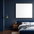 Bedroom Navy Interior Frame Mockup — Plain Square Frame Landscape 3:4 — Perspective View — #04027 | MockupBulk